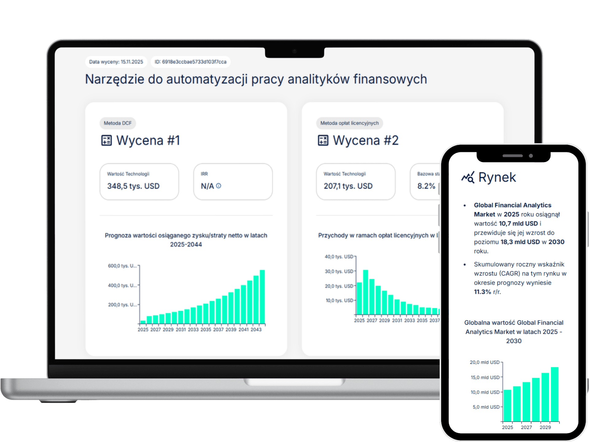 Prezentacja przykładowej wyceny, z lewej strony wizualizacja laptopa pokazującego dwa wykresy i wartość wycen w metodzie DCF oraz licencyjnej. Z prawej strony telefon mobilny pokazujący podsumowanie wyceny, wraz z wykresem zysków netto.